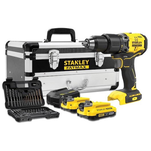 STANLEY SFMCD715D2F cordless drill kit with yellow and black drill, metal case, two batteries, charger, and bit sets front angle.