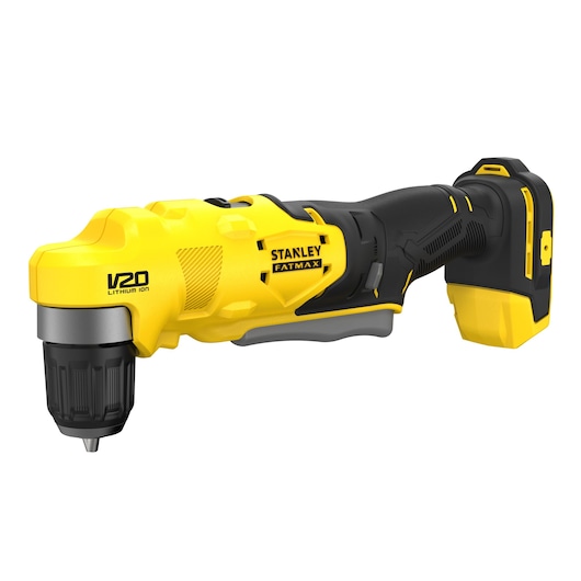STANLEY SFMCD750B cordless angle drill, yellow and black, side view, V20 Lithium Ion, power tool.