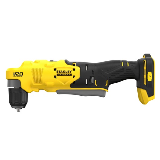 Photo of STANLEY SFMCD750B cordless V20 FATMAX drill, yellow and black, side view on white background.