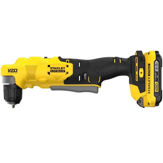 STANLEY SFMCD750D2K cordless right angle drill, yellow and black, side view on white background.