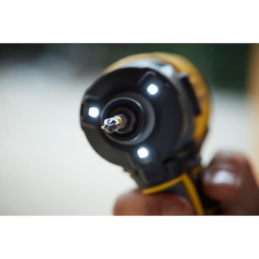 Close-up photo of STANLEY SFMCF820D2K cordless impact driver tip with LED lights around the bit.