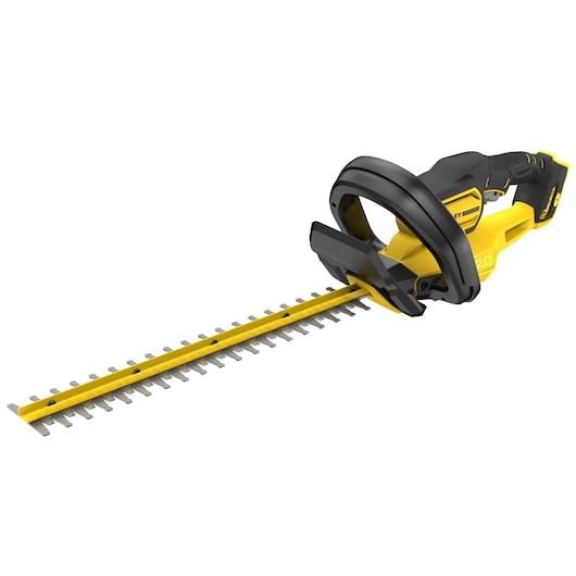 STANLEY SFMCHT650B cordless hedge trimmer, yellow and black, front right angle on white background.