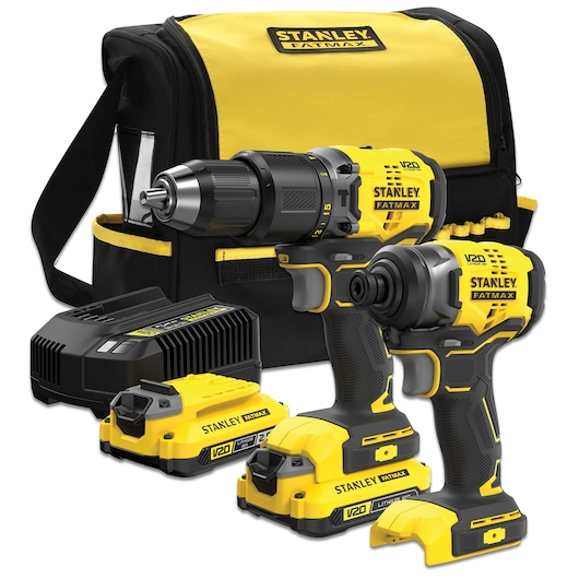 STANLEY SFMCK461D2S V20 cordless drill and impact driver kit with two batteries, charger, and yellow tool bag, front angle.