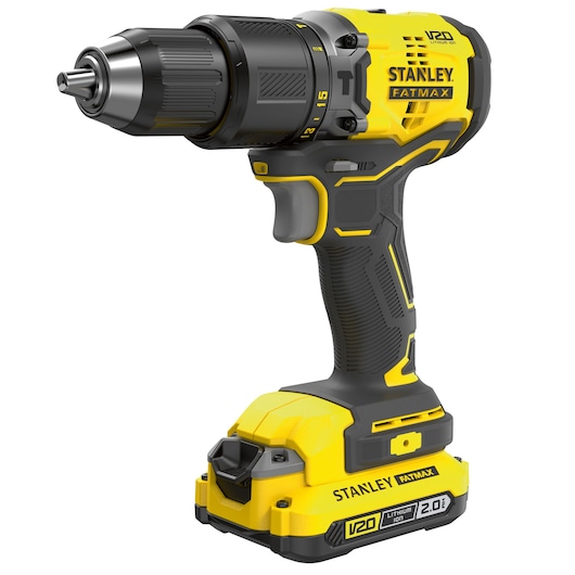 STANLEY SFMCK461D2S cordless drill, yellow and black, right side view on white background.