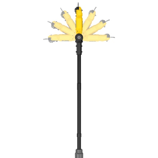 STANLEY SFMCPP632D1 pole saw with adjustable yellow head, shown in multiple positions, front view, white background.