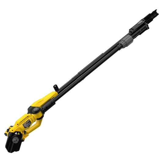 STANLEY SFMCPP632D1 pole chainsaw, yellow and black, side angle on white background.