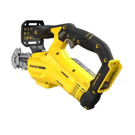 STANLEY SFMCPS415B cordless pruning saw, yellow and black, side angle on white background.
