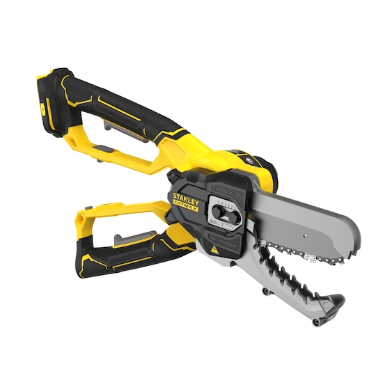 STANLEY SFMCPS515B cordless pruning saw with yellow and black body, side angle on white background.