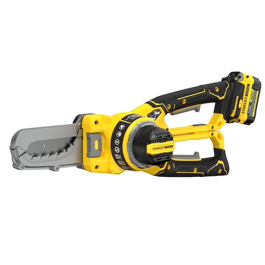 STANLEY SFMCPS515M1 cordless pole saw, yellow and black, side view on white background.