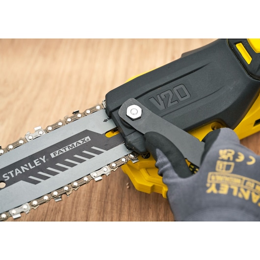 STANLEY SKU SFMCPS720M1 chainsaw close-up showing blade and V20 marking.