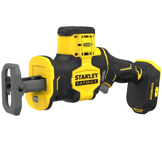 STANLEY SFMCS305B reciprocating saw, Fatmax series, yellow and black, side angle on white background.