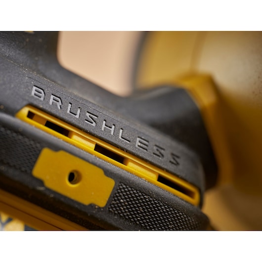 STANLEY SFMCW223B-XJ power tool close-up showing brushless motor detail, black and yellow design.
