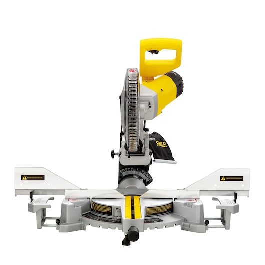 Photo of STANLEY SM1800 miter saw, front angle, yellow and silver, with measurement guides.