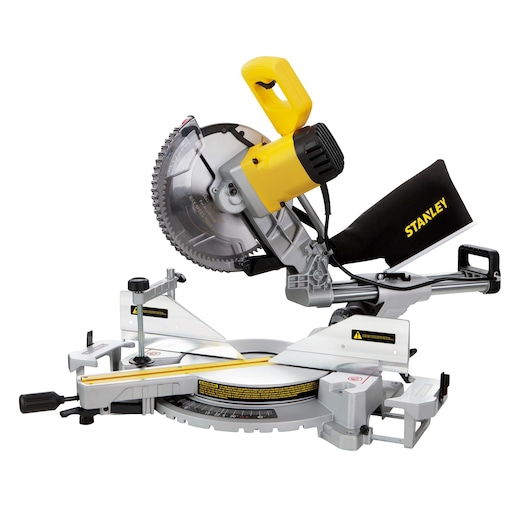 Photo of STANLEY SM1800 miter saw with yellow handle, black dust bag, silver base, product angled on white background.