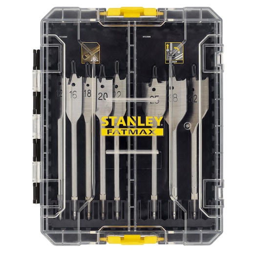STANLEY STA88556 spade bit set in clear plastic case with yellow latch, showing multiple drill bits arranged by size.