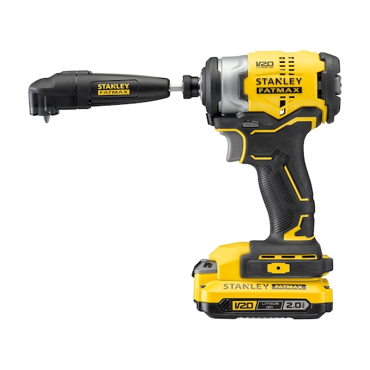 Stanley STA88582 cordless impact driver with side handle, yellow and black, product side angle photo.