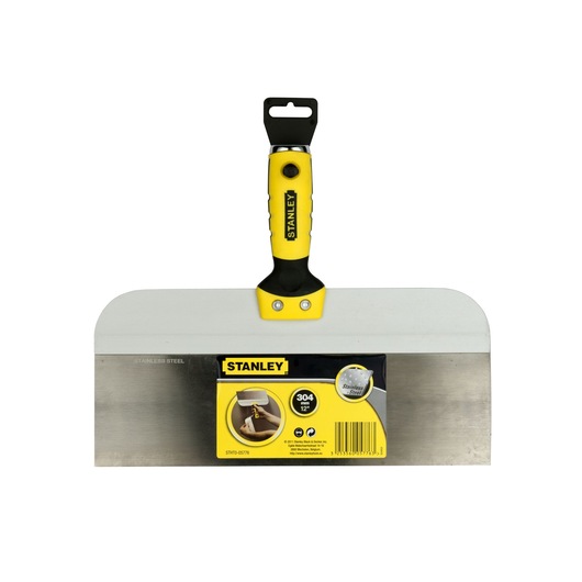 STANLEY STHT0-05776 taping knife with stainless steel blade and yellow-black ergonomic handle, front angle.