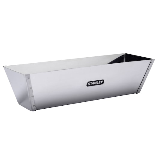 Photo of STANLEY STHT0-05867 stainless steel mud pan, rectangular with angled sides, side view on white background.