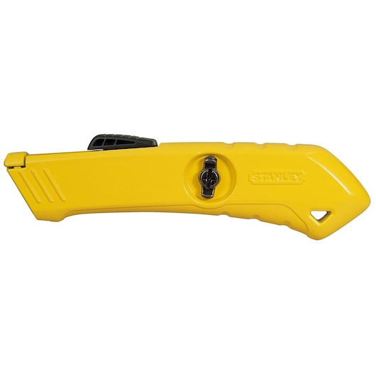 STANLEY STHT0-10193 yellow utility knife, side view, with black slider and lock, photography on white background.