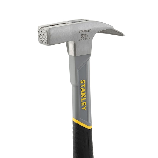 STANLEY STHT0-51312 claw hammer, grey steel head with milled face, yellow and black ergonomic handle, front angle.