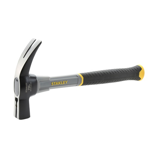 Stanley claw hammer with a black and grey handle and yellow accents, suitable for construction and DIY tasks.