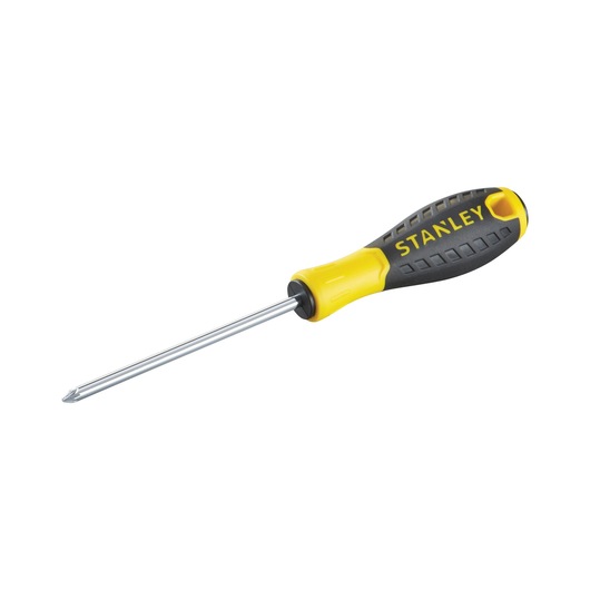 Stanley Phillips screwdriver with yellow and black handle and metal shaft on white background.