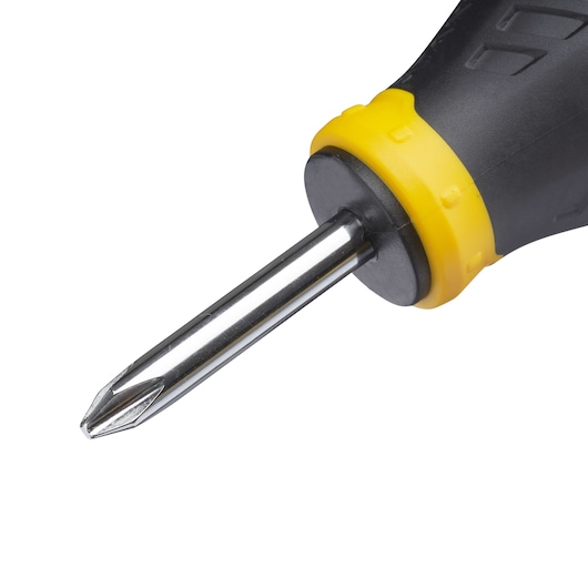 STANLEY STHT0-60329 Phillips screwdriver with black and yellow handle, close-up on white background.
