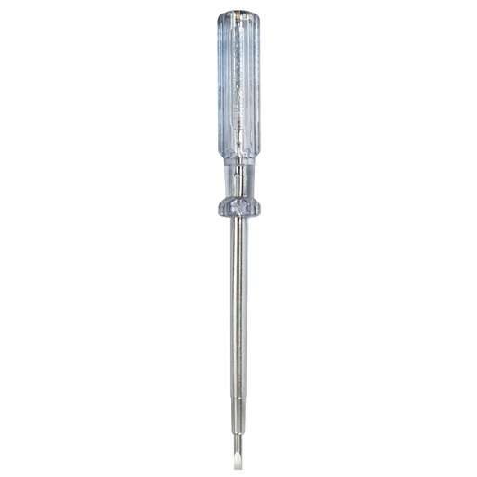 Stanley flathead screwdriver with transparent handle and metal shaft, shown upright on white background.