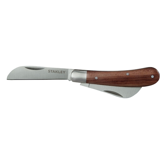 Stanley folding pocket knife with stainless steel blade and wooden handle.