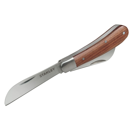 Stanley folding pocket knife with stainless blade and wooden handle, shown open on a white background.