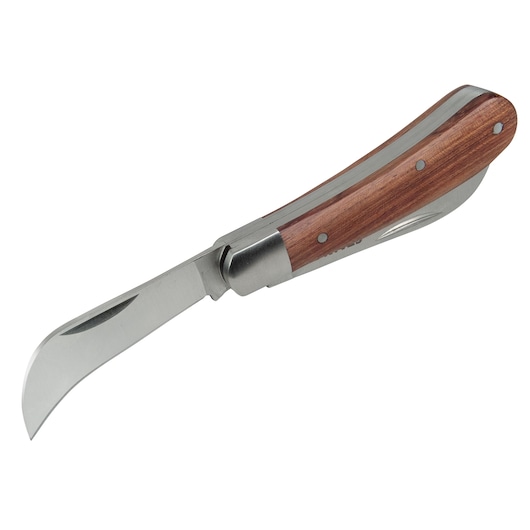 STANLEY STHT0-62687 folding curved blade knife with wooden handle, product side angle on white background.
