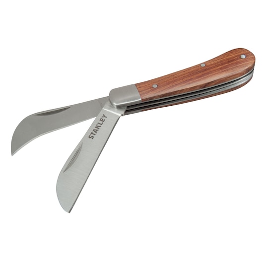 Stanley folding knife with two curved stainless steel blades and wooden handle, designed for precise cutting tasks.