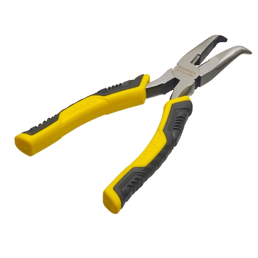 A pair of STANLEY long nose pliers with yellow and black ergonomic grips, model STHT0-75066, shown against a white background.