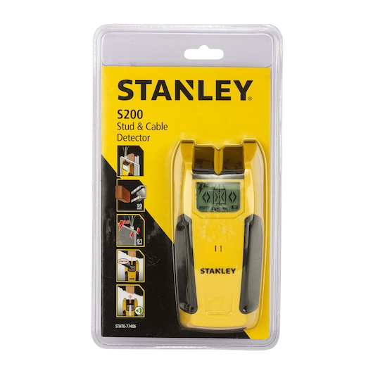 Stanley STHT0-77406 stud and cable detector in retail packaging, front angle, yellow and black device with LCD screen.