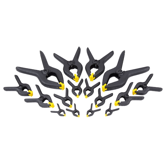 Set of black and yellow photography clamps in various sizes, arranged in a semi-circle on a white background.
