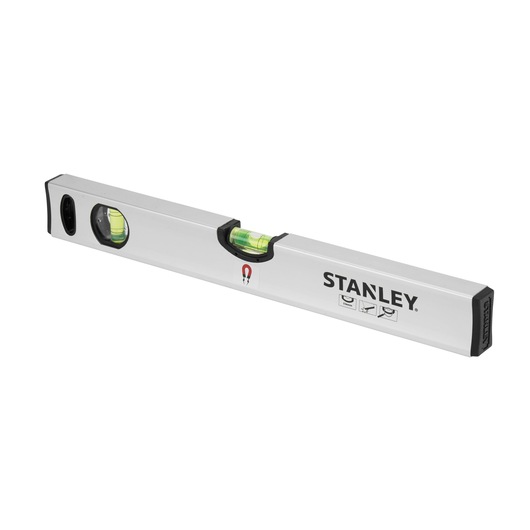 Stanley spirit level tool with magnetic feature and two bubble vials, silver body, used for precise measurements.