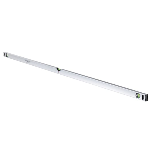 STANLEY STHT1-43116 spirit level, silver, rectangular, with three vials, angled view on white background.