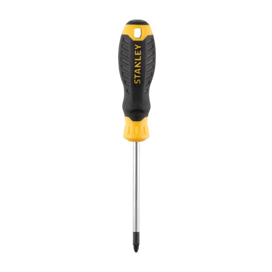 STANLEY STHT16163-0 Phillips screwdriver with black and yellow handle, front angle, on white background.