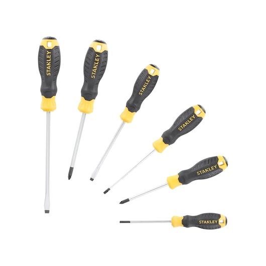 STANLEY STHT16172-0 photography of six screwdriver set with black and yellow handles, front angle, white background.