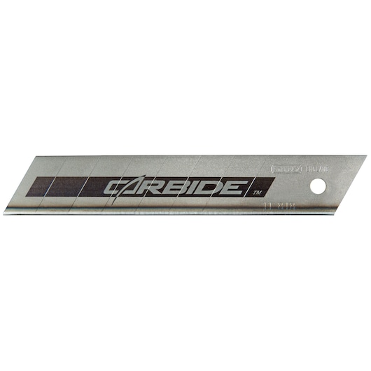 STANLEY STHT2-11818 utility knife blade, silver with carbide branding, side angle, white background.