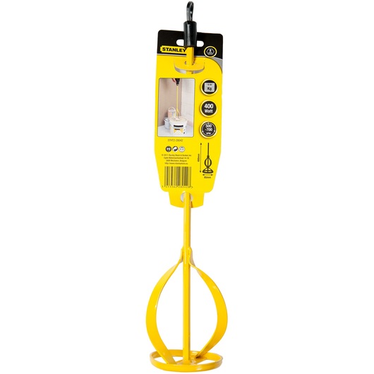 STANLEY STHT2-28042 yellow paint mixer tool, front angle, packaged with hanging tag.