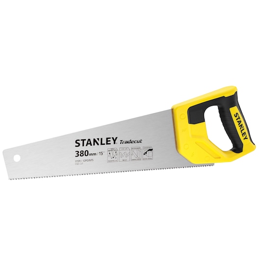 Photo of STANLEY STHT20349-1 hand saw with yellow and black handle, 380mm blade, product angled on white background.