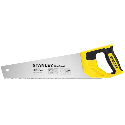 STANLEY STHT20349-1 hand saw with yellow and black ergonomic handle, side view on white background.
