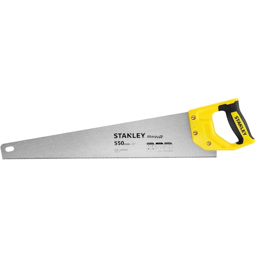 STANLEY STHT20372-1 hand saw with yellow and black handle, photographed from the side on white background.