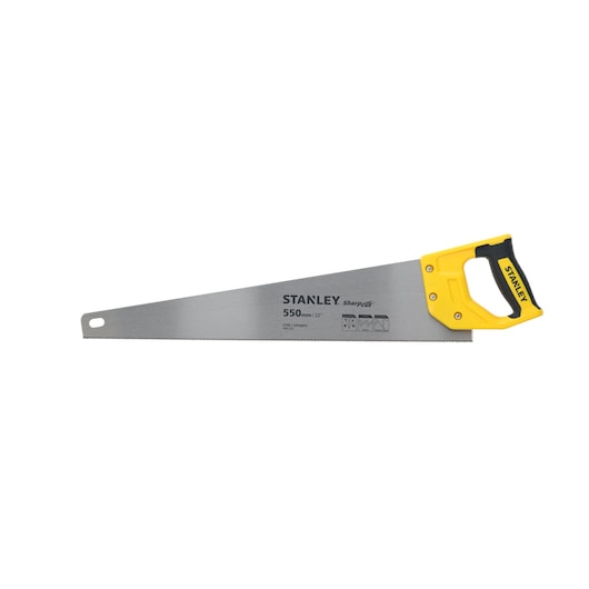 Stanley STHT20372-9 hand saw with a yellow and black ergonomic handle, side angle, white background.