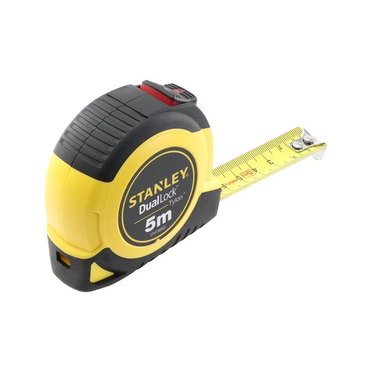 Stanley DualLock Tylon 5m yellow and black tape measure with extended blade.
