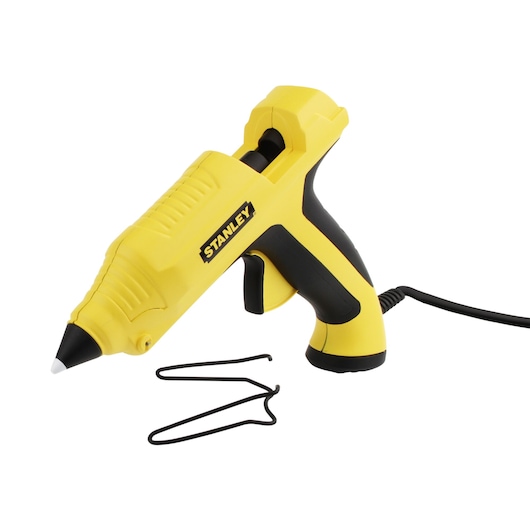 Yellow and black STANLEY hot glue gun with cable and metal stand accessory shown on a white background.