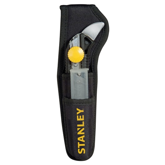 Stanley utility knife with blade pack in a black fabric holster with yellow branding, shown upright.