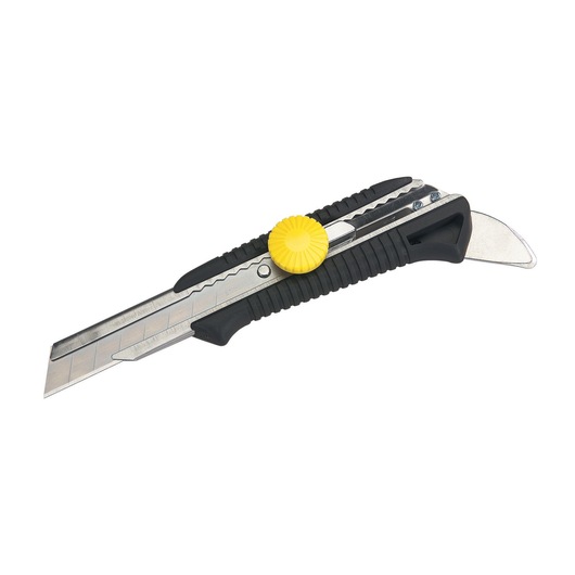 Stanley utility knife with retractable blade and yellow adjustment wheel for cutting tasks.