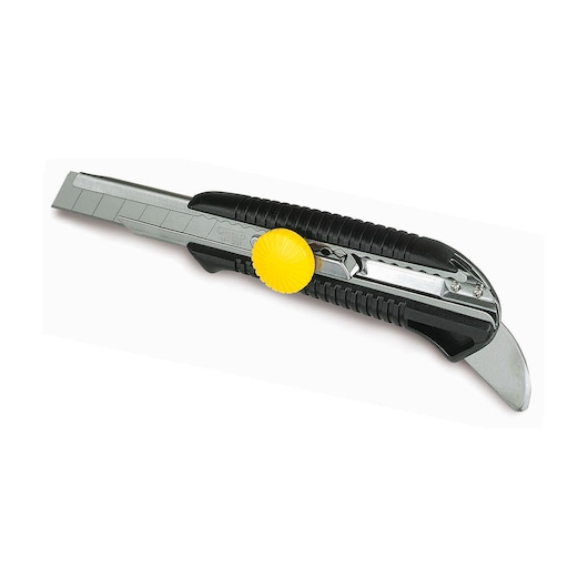 Photo of STANLEY STHT7-10220 utility knife with black grip and yellow knob, side angle, white background.